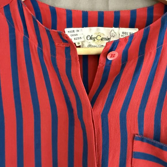 Oleg Cassini Vintage Red and Blue Striped Silk Long Sleeve Button Up‎ Top Size 8 - Picture 3 of 16